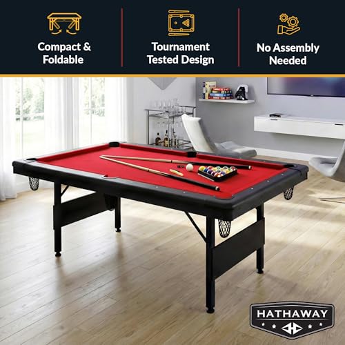 Hathaway Fairmont II 6ft Portable Pool Table for Family & Home Use Includes Full Set of Billiard Balls, Cues, Chalk and Triangle, Space-Saving Table with Red Felt, Black Corners and Mesh Pockets - Thumbnail 2