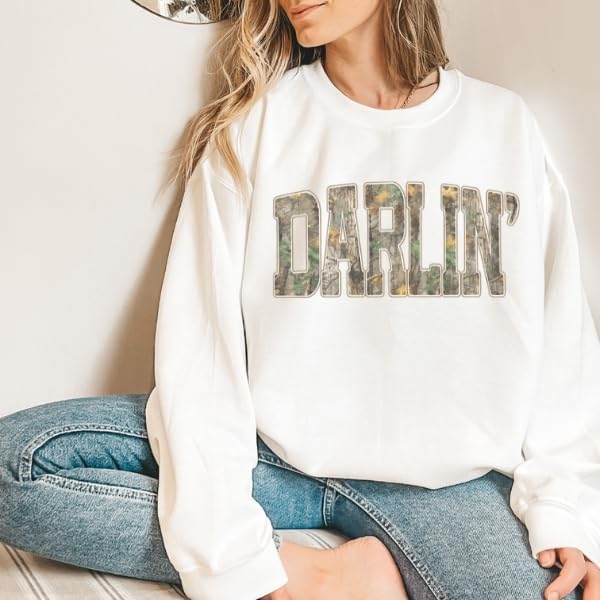FITIN Unisex Darlin’ Camo Sweatshirt for Women – Western Country Graphic Crewneck Camouflage Southern Pullover
