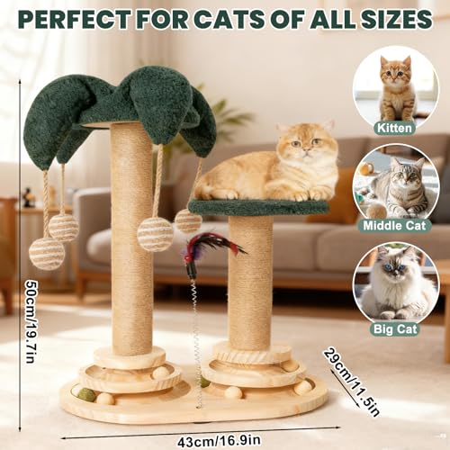 6-in-1 Katzenspielzeug Selbstbeschäftigung Holz, Kratzspielzeug für Katzen, Spielzeug mit Katzenminze, Katzenmöbel mit Rotierende Kugelbahn, Federn, Bälle, Juteseile & Sisalseil, für kleine Katzen