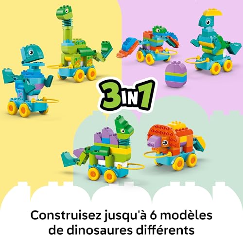 LEGO Duplo Ma Ville Dinosaures sur Roues 3-en-1 Jeu Éducatif pour Fille ou garçon 3 Ans - Diplodocus, T-Rex, tricératops & stégosaure ou ptéranodon & Parasaurolophus - Figurines de Dinosaures 10451