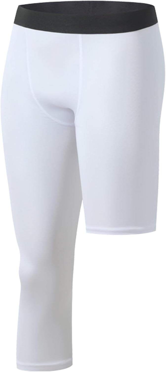 Men's Athletic Pants One Leg 3/4 Compression Basketball Tights Leggings Activewear