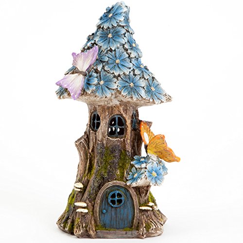 Bits and Pieces - Solar Butterfly and Blue Daisies Fairy House - Unique Lawn and Garden DÃ©cor