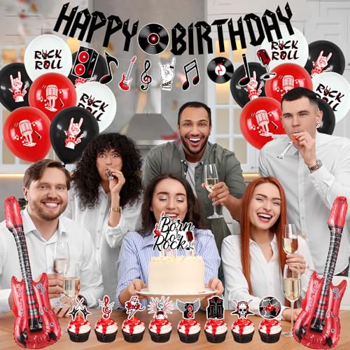 Image of Crenics Rock and Roll Birthday Party Decorations with Happy Birthday Banner | Hanging Swirls, Cake Toppers and Balloons for Music Rock & Roll Party Supplies