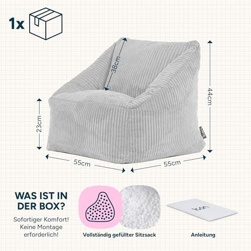 Icon Natalia Sitzsack Kinder, Gelb, Flauschiger Cord Stoff, Sitzsack Cord mit Füllung, Bequemer...