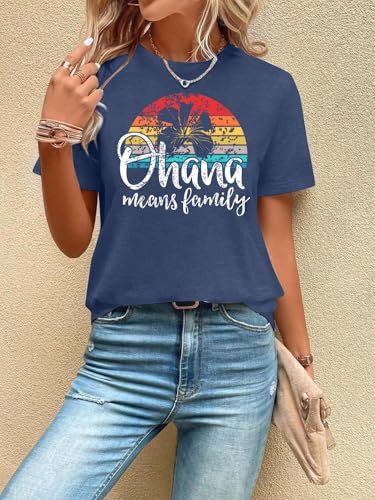 Image of Ohana Means Family Tshirt Women: Hawaii Tropical Graphic T-Shirt Summer Vacation Short Sleeve Tee Top