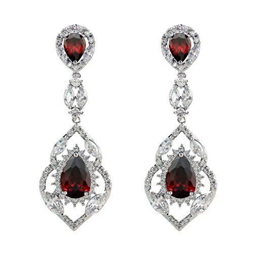 SELOVO Silver Tone Vintage Style Teardrop Chandelier Dangle Earrings with Red Cubic Zirconia