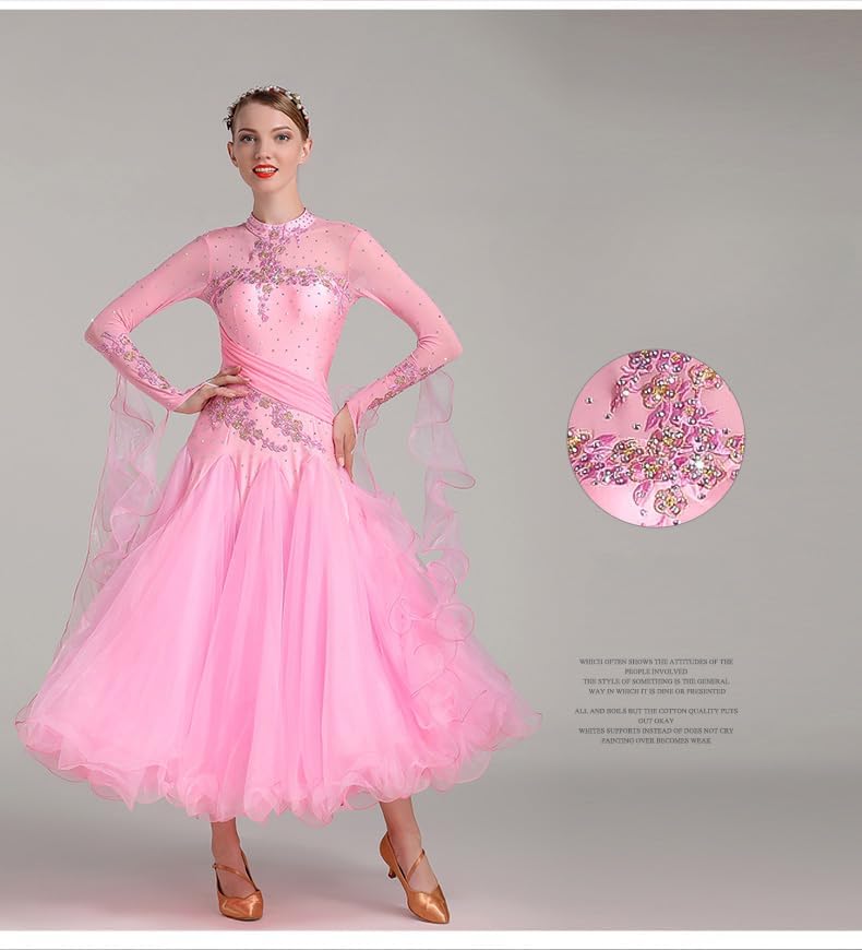 HEARTTOUCH Women Ballroom Dance Dress Modern Waltz Tango Dress Long Sleeve Flash Rhinestone Performance Competition Costume