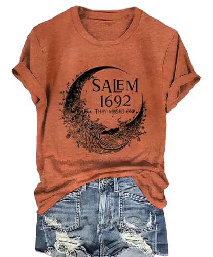 Halloween Salem Witch T-Shirts for Women Halloween Witch Broom Graphic Tees Funny Witches Shirts Tops​​​(Orange-5, X-Large)