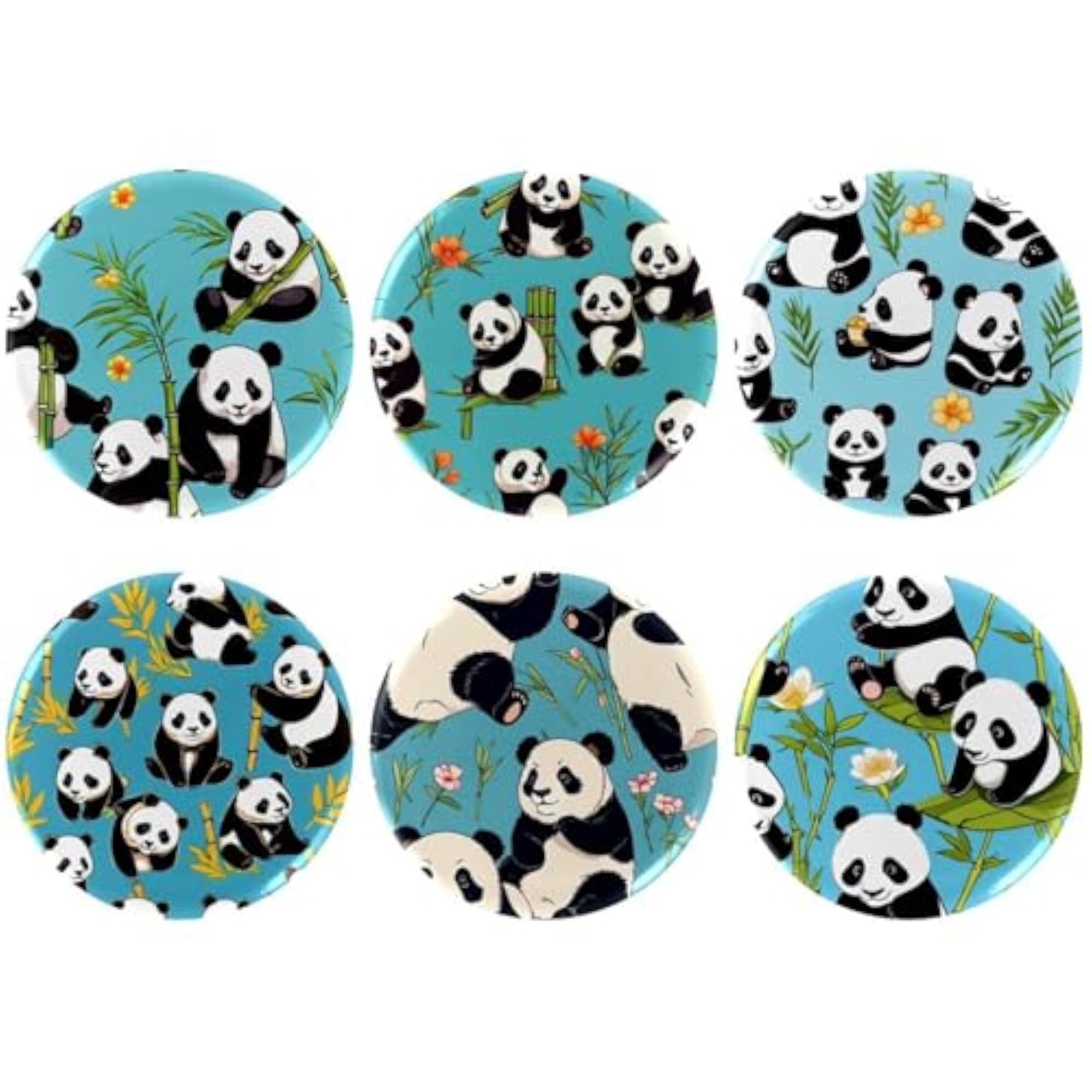 Children's 6-Pack Trendy Button Pins, Cute Panda on Blue