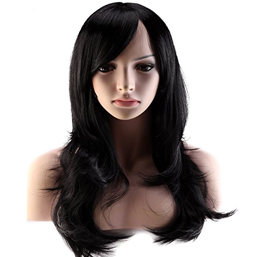 Hallowee Anime Cosplay Synthetic Full Wig with Bangs for Women Girls 23'' Long Layered Wave Heat Resistant Fiber 19 Colors (black)