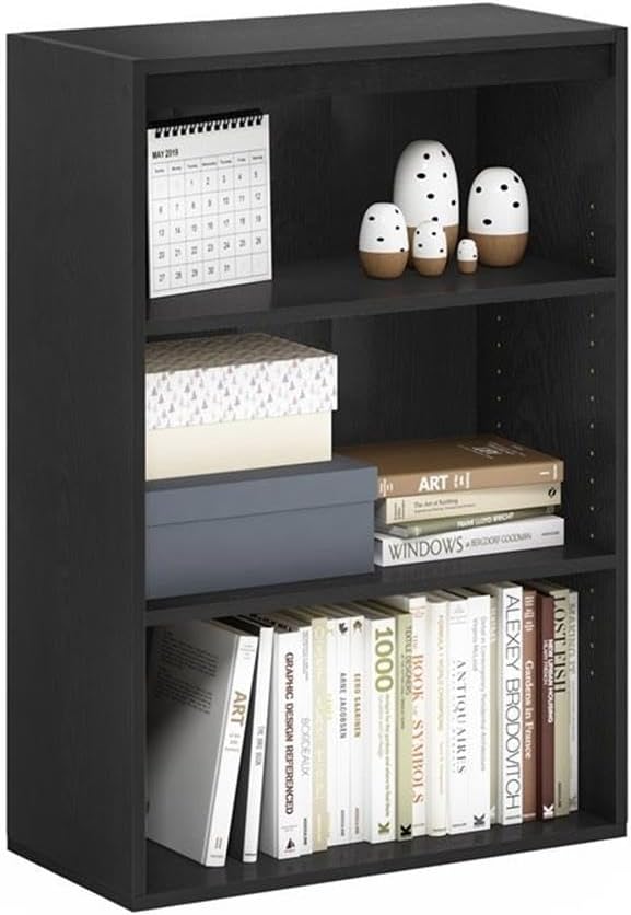 Pemberly Row Contemporary 3-Tier Bookcase, Engineered Wood, Adjustable Shelf, Black Finish, 36.1 in H x 24.52 in W x 11.61 in D, Durable Storage Cabinet for Home or Office