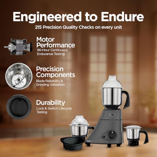Image of Preethi Diamond 750 Watts Mixer Grinder | 3 Stainless Steel (SS) Jars + Flexi Lid | Ideal for Masalas, Chutneys & Batters | Lifelong Free Service, Black