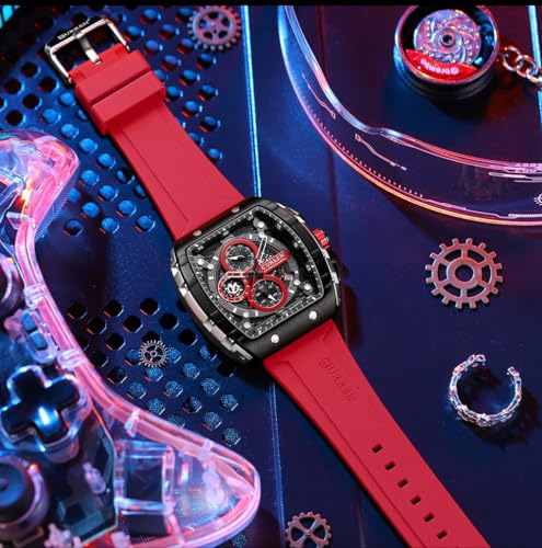 Image of PASOY Luxury Chronograph Watches for Mens Rubber Strap Black Waterproof Date Analog Quartz Watch