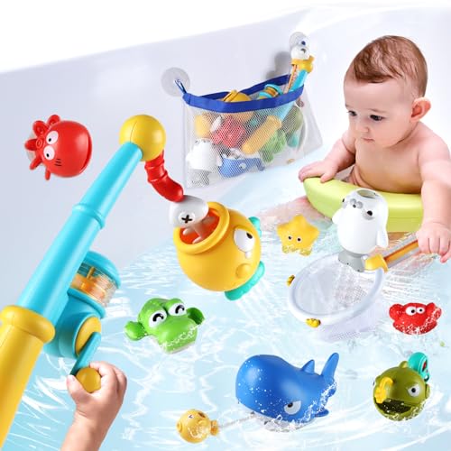 Aprilwolf Bath Toys for Kids, Magnetic Fishing Toys with Storage Bag and Light up Star, Wind Up Creatures Baby Bathtub Birthday Gifts for Toddlers 2-4 Boys Girls, 11 Pcs Set