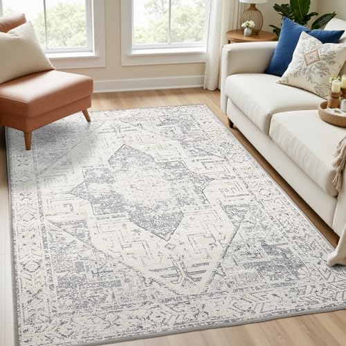 Arenarug 4x6 Washable Area Rug, Vintage Boho Chenille Jacquard Carpet, Soft High Low Pile Textured Non-Slip Floor Rug, Machine Washable Indoor Rugs for Living Room, Bedroom, Dining Room, Office, Grey