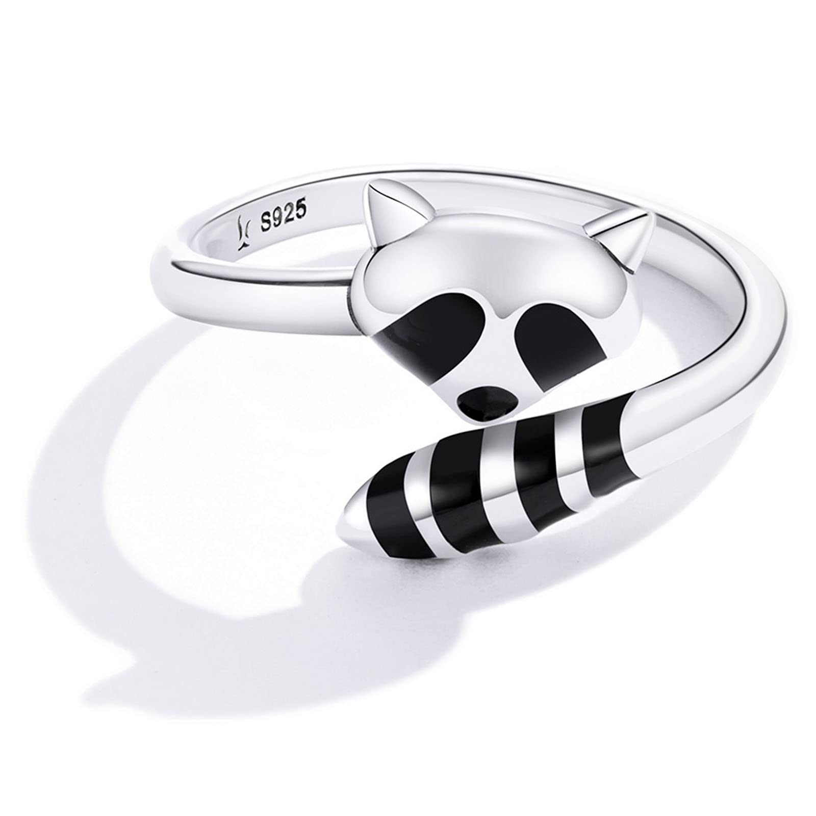 Qings Anello Aperto Regolabile in Argento Sterling - Simpatico Orso Nero Foglie di Piume Colorate Anello Animale Dichiarazione Anelli Impilabili CZ Knuckle Gioielli Fatti a Mano Regali