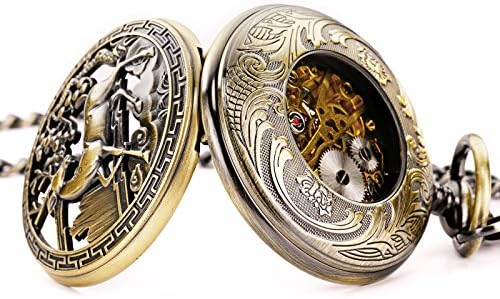 TREEWETO Unisex zakhorloge mechanisch dubbele afdekking rendier hert oplichtend skelet steampunk voor heren en dames, Brons, Klassiek