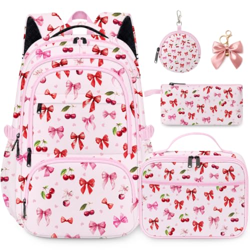 Yogusut Cherry Bows Backpack for Girls Cute Kids School Backpack with Lunch Box Pencil Case and Coin Pouch School Bookbag for Teens Elementary 17in