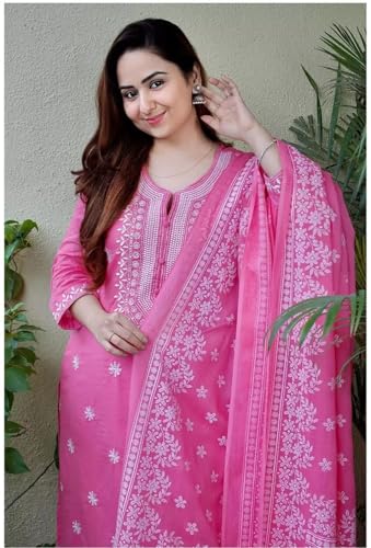 Image of Royal Export Women's Viscose Floral Embroidered Straight Kurta Pant with Dupatta Set | Kurta Sets for Women