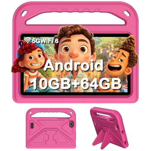 DMOAO Tablet 7 Pulgadas, Tablet Android 14 con 5G Wi-Fi 6, 10GB RAM+64GB ROM(512GB SD), Octa-Core/Widevine L1/Control Parental/BT 5.0/3500mAh, Protective Antichoque EVA Protectora, Rosa