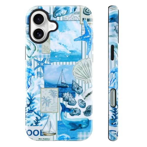 Image of Magnetic for iPhone 16 Plus Case [Compatible with Magsafe] Seashell Ocean Whale Collage Design, Full Body 2 in 1 Shockproof Scratch Resistant Protective Cover for Women Girl