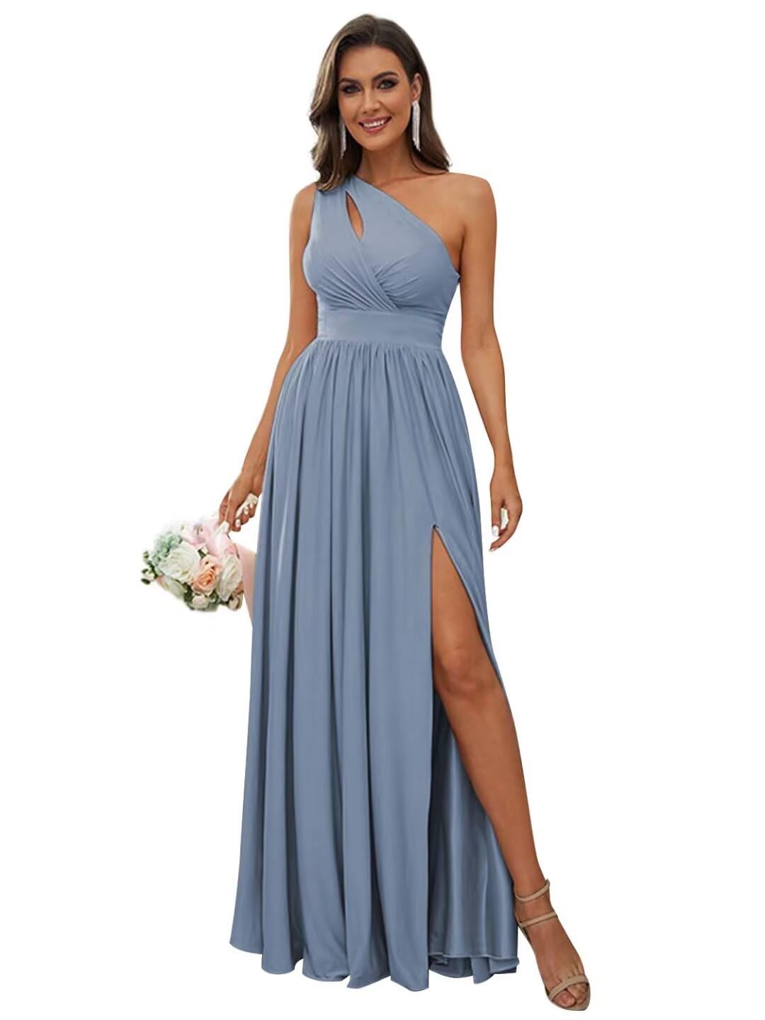 VCCICANY Women's One Shoulder Bridesmaid Dress with Slit Long Ruched Chiffon Prom Gown