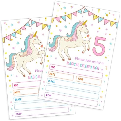 QUPT Unicorn Birthday Party Invitation Cards, 5th Birthday Party Invitations cards, Fill in The Blank Birthday Party Invites - 20 Cards with 20 Envelopes (ma)