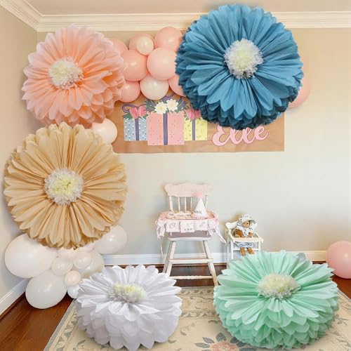 Image of Chunful 5 Pcs 30'' 24'' Gaint Boho Tissue Paper Flowers Decoration Handcrafted Large Hanging Tissue Paper Pom Poms Decor for Birthday Bachelorette Wedding Baby Shower Bridal Shower Party Decoration