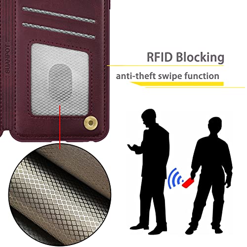 Suanpot For Iphone 14 Pro 6.1" Wallet Case With [360°Rotation Ring Kickstand]【Rfid Blocking】 Credit Card Holder, Pu Leather Protective Cover Women Men For Apple 14 Pro Phone Case Wine Red #TOP3
