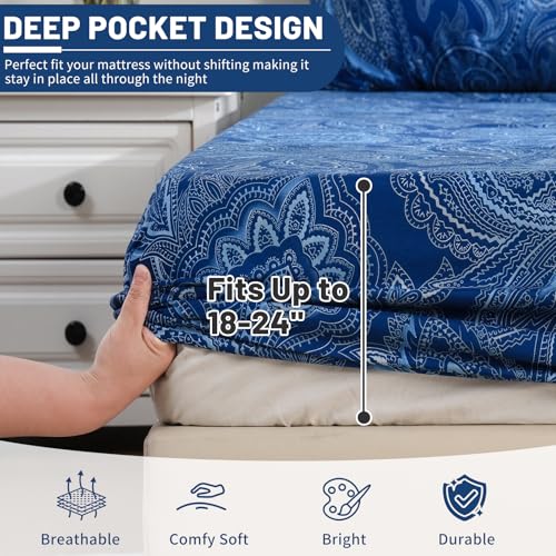 Bedlifes King Size Extra Deep Pocket Sheet Sets - Fits Mattresses Up to 18-24" Thick, 4-Piece Microfiber Set with 1800 Thread Count, Soft, Smooth, Breathable, Featuring Paisley Dark Navy Blue