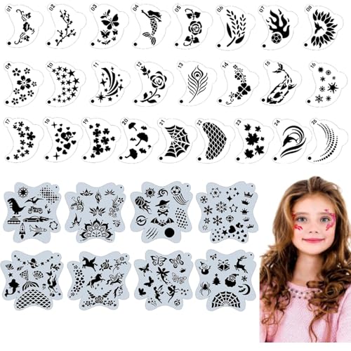 SHUOHONG 33 Pezzi Stencil Truccabimbi Riutilizzabile, Stencil Bambini Stili Diversi, Truccabimbi Bambini e Adulti Possono Utilizzato per Festa per Halloween Carnevale Spettacolo Teatrale