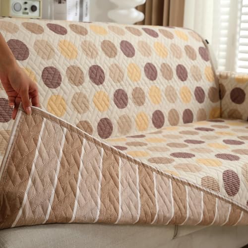 Image of Printed Quilted Sofa Mat for 3 Seater - Floral Design Slipcover with Armrest, Pockets on Both Sides, Fully Covered Sofa Protector - Multicolor