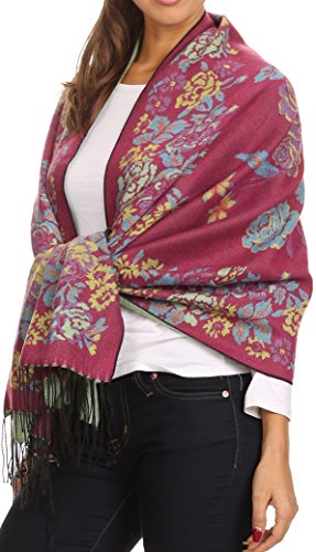 Sakkas CHS1810 - Ontario double layer floral Pashmina/Shawl/Wrap/Stole with fringe - 2-FuchsiaGreen - OS4