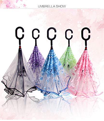 Double Layer Reversible Transparent Umbrella C-Shaped Long Handle Flexible and Stable Fiberglass Rib Windproof for Your Family,Pink