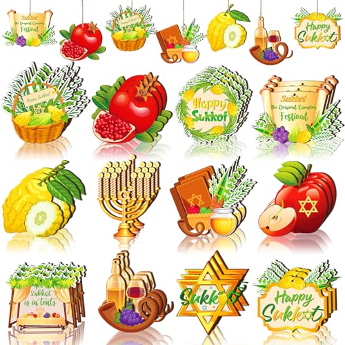 Cinnvoice 33 Pcs Sukkot Wooden Hanging Ornaments Happy Sukkah Tent Decorations Hanging Supplies Swirls Lulav Etrog Kit for Jewish Holiday Sukkot Party Jerusalem Decor