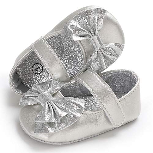 Babitina Baby Girl Shoes Mary Jane Flats With Bowknot Non-Slip Toddler First Walkers Infant Dress Shoes(0-6 Months M Us Infant,A-Silver) #TOP4