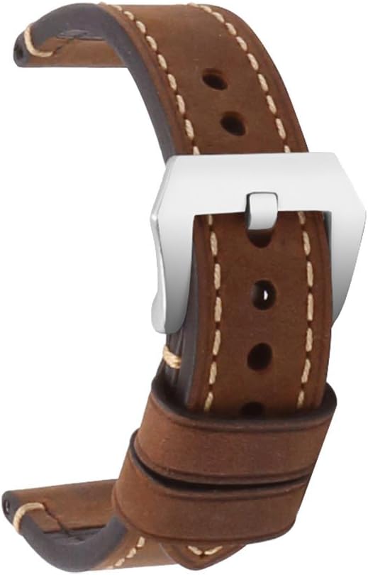 omyzam Watch Band Vintage Genuine Leather Replacement Strap Large Stainless Steel Buckle Fit for Traditional Watch, Sports Watch or Smart Watch 20mm Brown