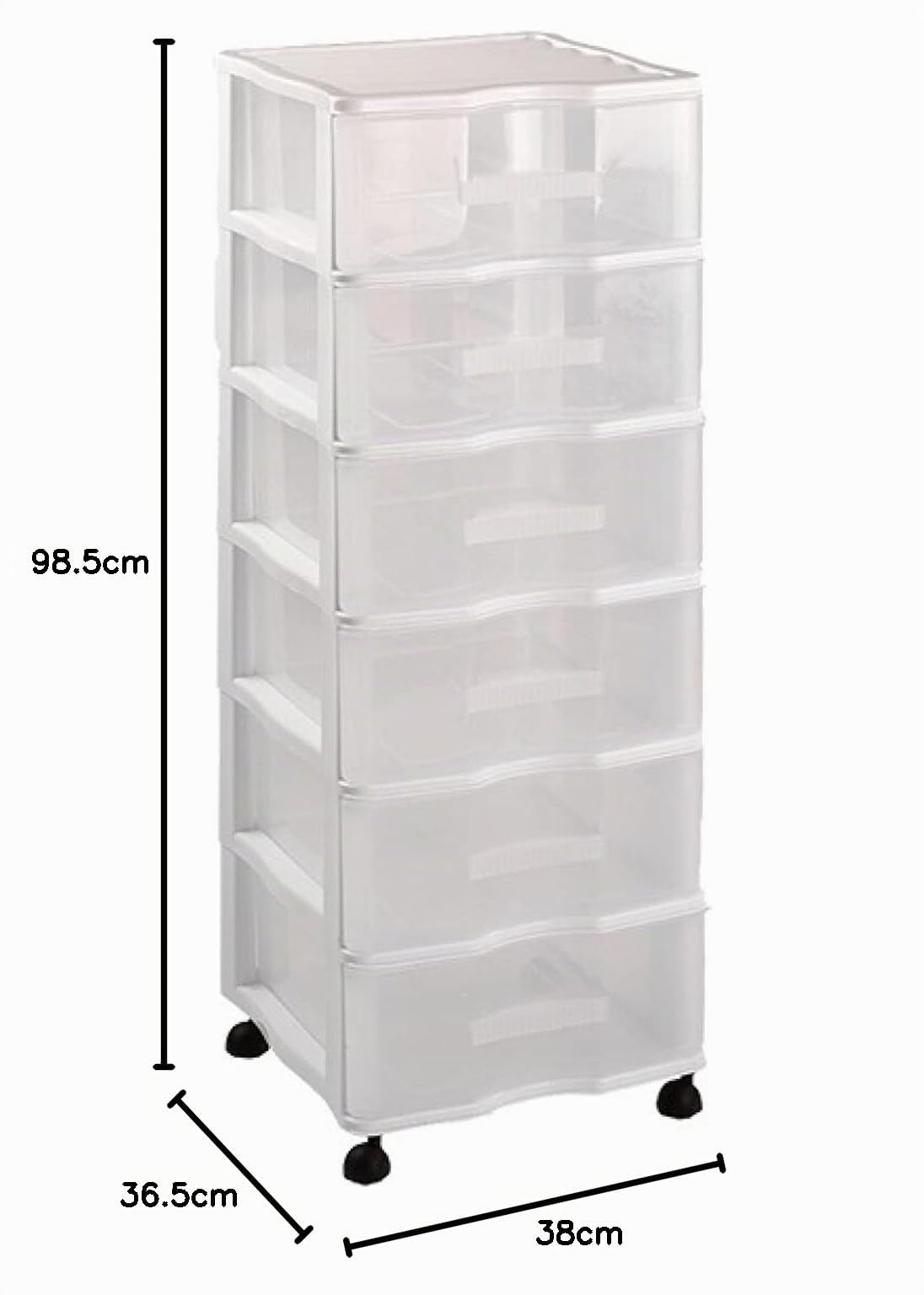 Tradineur - Cassettiera con ruote, modello Wagon - Realizzato in plastica - Contenitore per documenti per ufficio o casa - 6 cassetti trasparenti - 98,5 x 37 x 39 cm - Bianco
