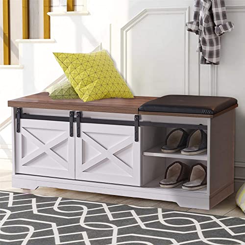 White Shoe Bench Entryway With Storage, Modern Shoe Bench With Sliding X Barn Door, Farmhouse Bench Entryway With Cushion, 2-Tier Shoe Storage Bench For Entryway, Living Room, Hallway, 47 Inch #TOP4