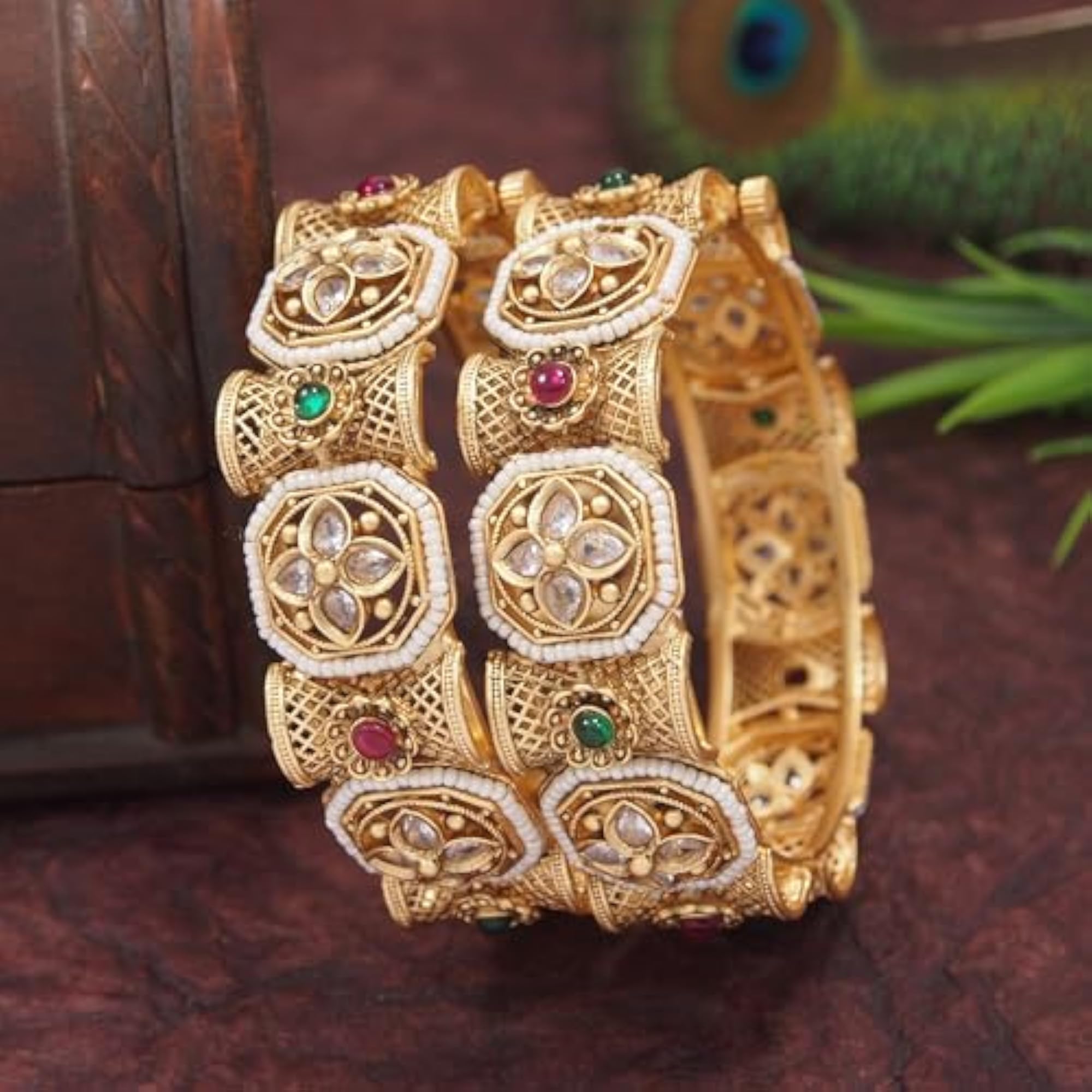 Traditional Antique Gold-Plated Kundan and Pearl Bangles