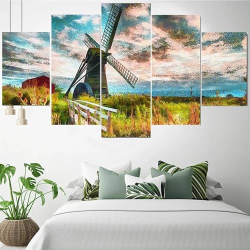 Tableau decoration murale salon 5 parties motif moulin à vent paysage de ferme poster 200x100 cm