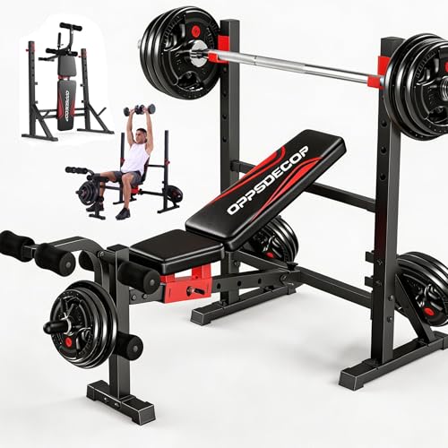 Image of OPPSDECOR Standard Weight Bench Set with Squat Rack, 900LBS Adjustable Bench Press Set with Leg Extension and Leg Curl, Foldable Flat Incline Decline Workout Bench for Home Gym Full Body Training