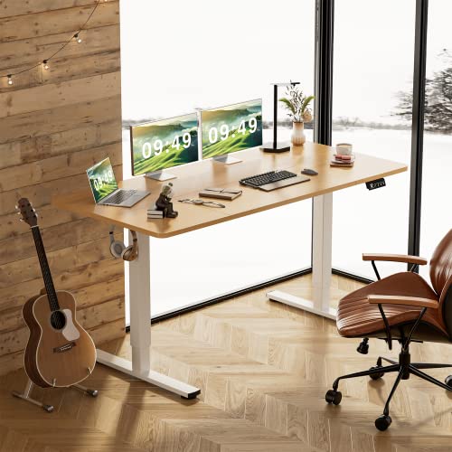 Furmax Electric Height Adjustable Standing Desk Large 63 x 24 Inches Sit Stand Up Desk Home Office Computer Desk Memory Preset with T-Shaped Metal Bracket, Wood