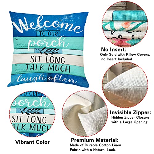 Jartinle Coastal Stripe Outdoor Pillows Covers 18X18 For Patio Furniture Waterproof, Welcome To Our Porch Throw Pillow Covers Square Linen For Couch Outside Bench Set Of 2(Turquoise Blue) #TOP5