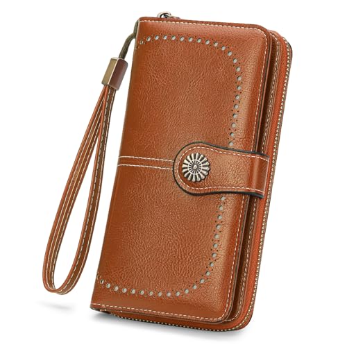 Image of Wristlet Wallets for Women Leather Credit Card Holder Bifold Brown | RFID Blocking, Large Capacity, Ladies Phone Clutch Purse with Zippered Coin Pocket