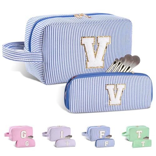 2PCS Initial Gifts for Women Travel Makeup Bag Toiletry Bag Set-Blue, V