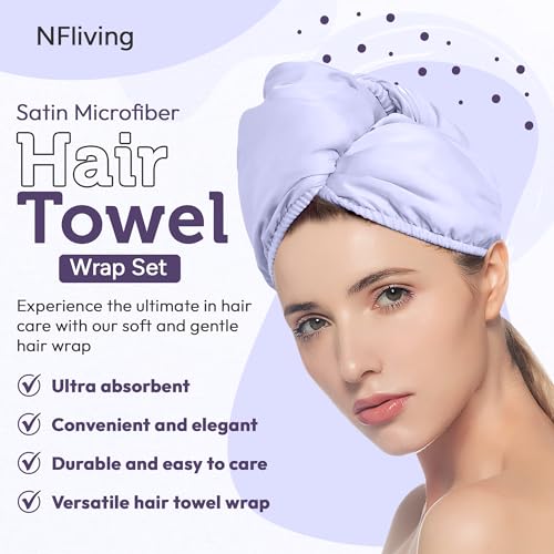 NFliving Conjunto de toalha de cabelo de microfibra de cetim - Toalha de cabelo de microfibra de cet