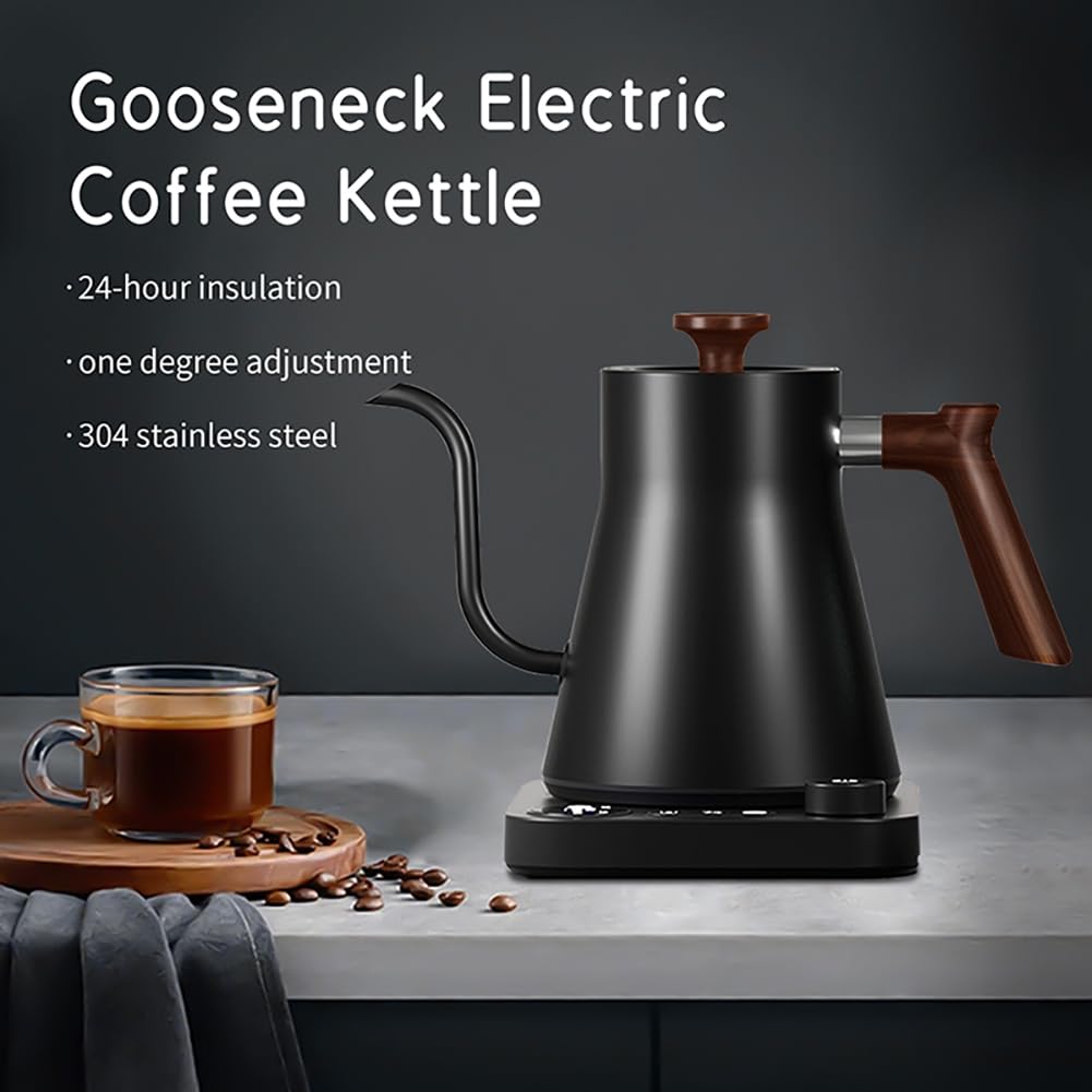 Bollitore Elettrico A Collo di Cigno, Bollitore in Acciaio Inossidabile con Display della Temperatura, Spegnimento Automatico E Controllo della Temperatura, Bollitore per caffè E tè, Teiera A Black