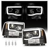 HECASA LED Projector Headlights Compatible with 2005-2007 Ford F250 F350 F450 F550 Super Duty Compatible with 2005 Ford Excursion LED Tube Bar Headlamps Replacement Clear Lens Black Housing