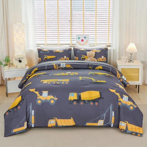 YOU SA Car Kids Comforter Set for Kids Teens Full Size 5 Pieces Excavator Bed in a Bag Grey Equipment Trucks Boys Bedding Set with 1 Comforter, 1 Fitted Sheet, 1Flat Sheet, 2 Pillowcases